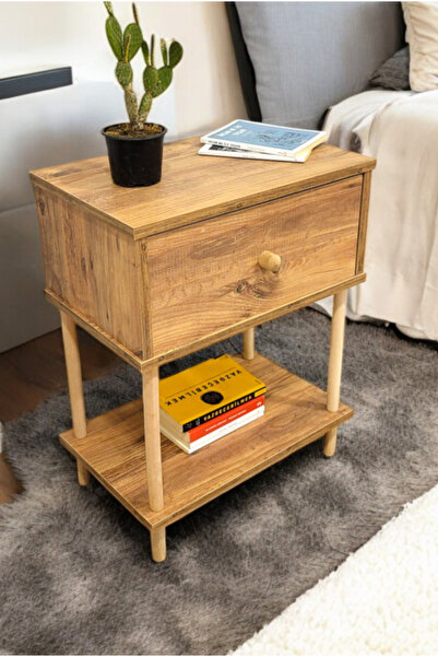 PEKA Düşer Kapaklı Raflı Modern Komodin Yatak Odası Başucu Düzenleyici Ahşap Ayaklı Yan Sehpa