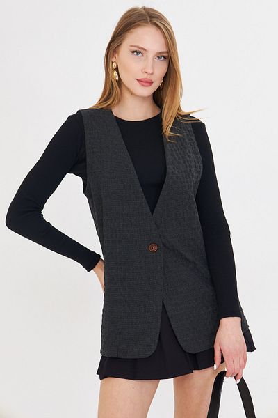 armonika Women's Smoked V-Neck Single Button Oversize Patterned Vest Arm-25K 001110