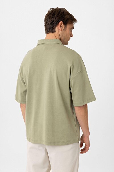 Antioch Khaki Oversize Polo Neck Zippered Men's T-Shirt
