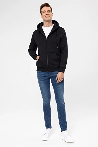 SÜVARİ Μαύρη ζακέτα με φερμουάρ με κουκούλα - 3 κλωστές
