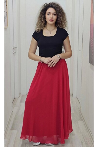 lodmela Червона шифонова спідниця-кльош - на талії гумка, модель 6003