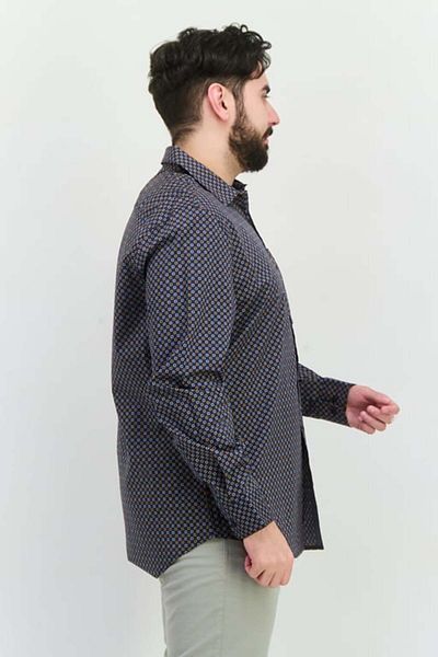 Perry Ellis قميص رجالي كاجوال بأكمام طويلة وطباعة كاملة، أزرق داكن