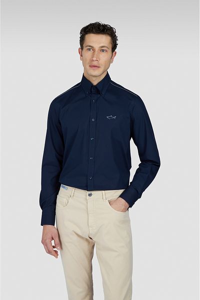 PAUL&SHARK Men's Regular Fit Off the Shoulder Line Print Long Sleeve Navy Blue Shirt 25413515 -013