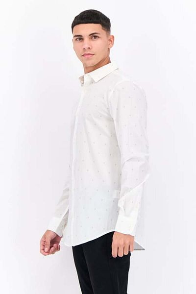 Perry Ellis Men Stretch Allover Print Long Sleeves Casual Shirt, White Combo