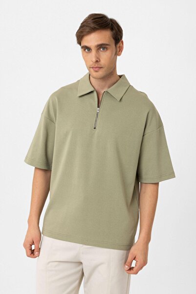 Antioch Khaki Oversize Polo Neck Zippered Men's T-Shirt