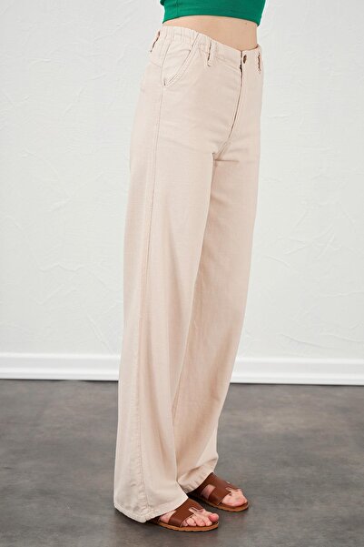 TENA Women's Stone Waist Buttoned Palazzo Linen Trousers