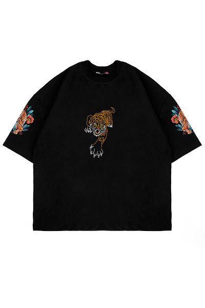 Sekizbiraltı Tricou negru unisex premium cu mânecă imprimată pe piept de tigru