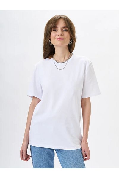 COMBİNE MİCHAİL Women's Oversize Ecru 100% Cotton Crew Neck Basic T-Shirt