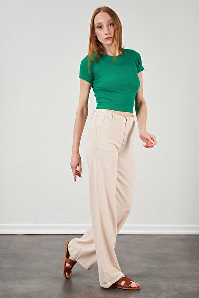 TENA Women's Stone Waist Buttoned Palazzo Linen Trousers