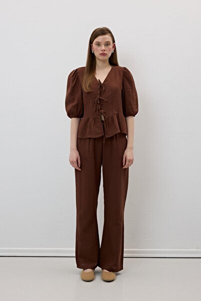 LEVURE Muslin Loose Elastic Waist Women's Trousers Brown