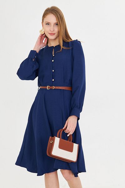 armonika Γυναικείο φόρεμα Navy Blue Crew με κουμπιά μπροστά με μανσέτες με ζώνη ARM-25Y001006