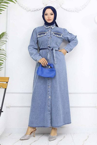 benguen Rochie albastra din denim cu broderie, model 6108