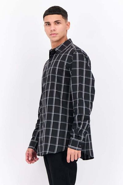 Perry Ellis قميص رجالي كاجوال منقوش بأكمام طويلة وقصّة عادية، مزيج من اللون الأسود المعدني