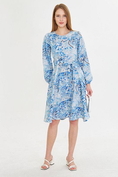 armonika Rochie de damă, albastră, cu decolteu în formă de O, cu fermoar la spate, cu curea, cu mânecă lungă, evazată, lungime midi ARM-25Y 001008