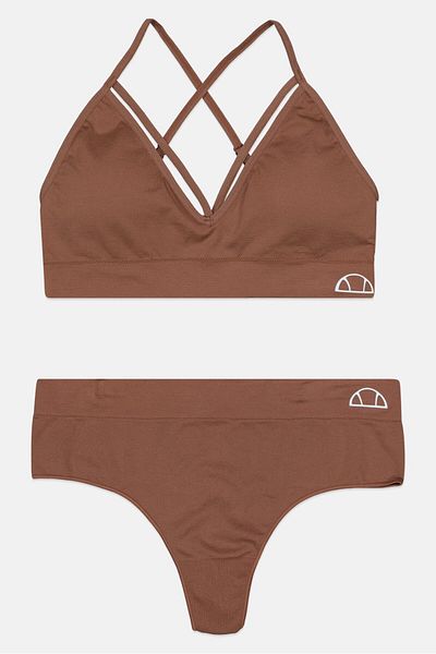 Ellesse Women 2 Pieces Padded Brand Logo Bralette And Thong Set, Brown