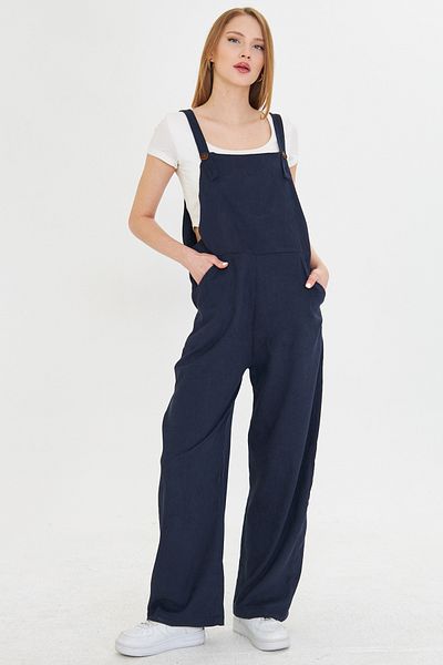 armonika Navy Blue Velvet Pocket Corded Long Slim Jumpsuit Arm-25K 001036