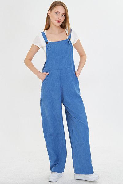 armonika Women's Indigo Velvet Pocket Wide Leg Thin Corded Gardener Overalls Arm-25K 001036