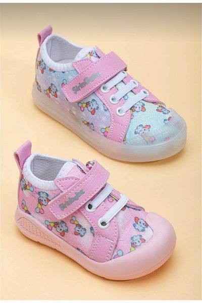 GDT Ayakkabı Pink Color Linen Material Velcro Children's Shoes