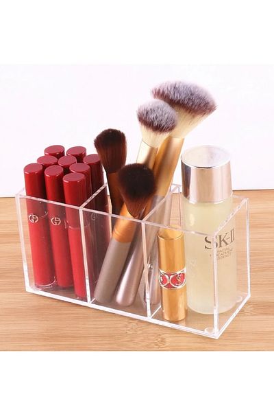 Dükkanönü Crystal 3 Compartment Organizer Set Makeup Brush Lipstick Organizer Square Organizer