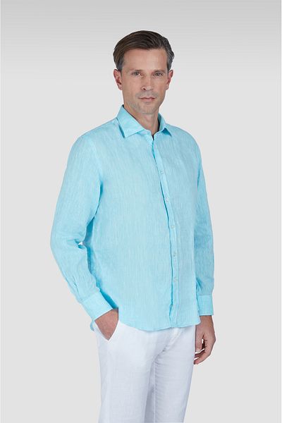 PAUL&SHARK Men's Regular Fit 100% Linen Solid Long Sleeve Light Blue Shirt 25413006 Cf-524