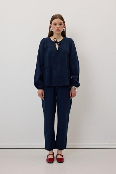 LEVURE Muslin Loose Elastic Waist Women's Trousers Dark Blue