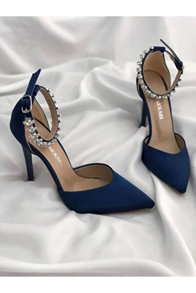 İA İLERİADIM Lacivert Saten Şık Topuklu Taşlı Stiletto Abiye Ayakkabı Topuk Boyu 9 Cm (TAŞLARI ÇIKARILABİLİR)