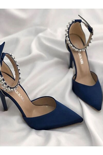 İA İLERİADIM Lacivert Saten Şık Topuklu Taşlı Stiletto Abiye Ayakkabı Topuk Boyu 9 Cm (TAŞLARI ÇIKARILABİLİR)