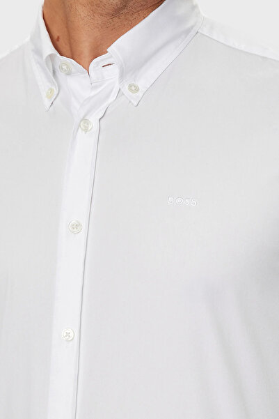 BOSS Erkek Slim Fit Uzun Kollu Logo Desenli Beyaz Gömlek 50520291-100