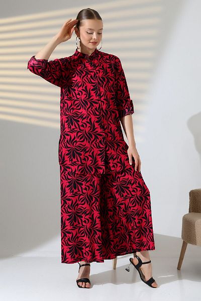 AYASOFYA OTANTIK Women's Red Patterned Shirt Tunic Rubber Waisted Pants Set