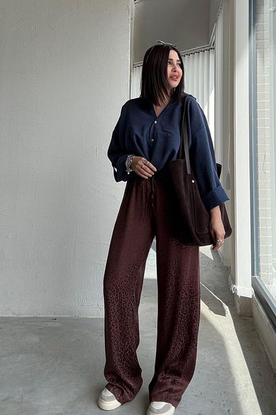 ELVAN TOLON Brown Leopard Print Satin Trousers