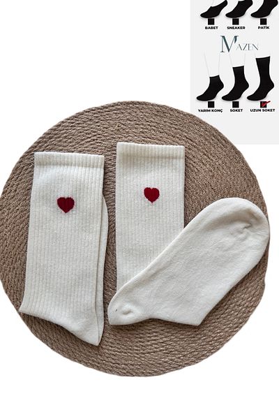 MAZEN Red Heart Detailed Long Socket Combed Cotton Socks Beige Color