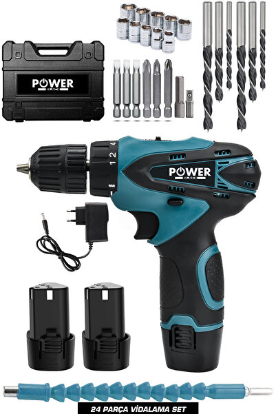 POWER BLACK ŞARJLI MATKAP 12v 1.5ah Çift Akülü Vidalama Şarjlı Matkap 24 Parça