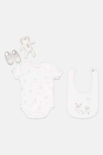 Rock A Bye Baby Boutique Toddlers Boy 4 Pieces Allover Print Bodysuit Gift Set, White