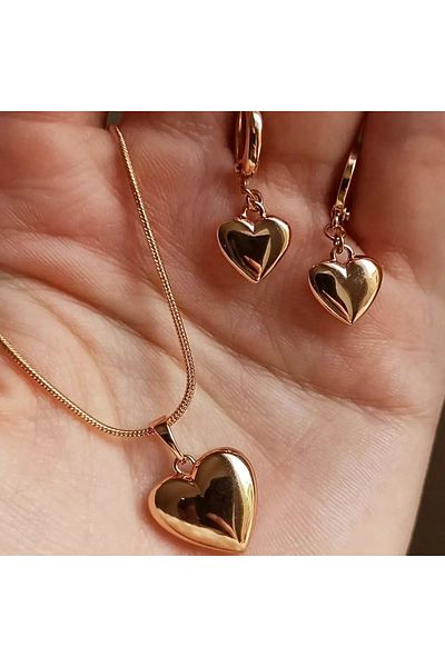 Choice 5972801HBJCF Glossy Gold Plated Metal Love Heart Dangle Earrings Necklace Jewelry Set for Women Simp