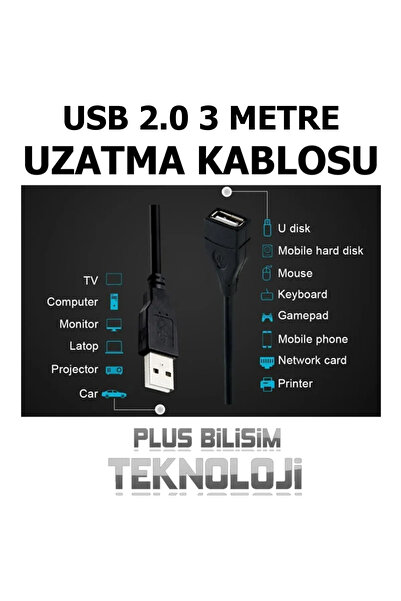 Plus Bilişim Oem Usb 2.0 Uzatma Kablosu 3 Metre Erkek - Dişi Yüksek Hız, Usb Uzatma 3 Mt.
