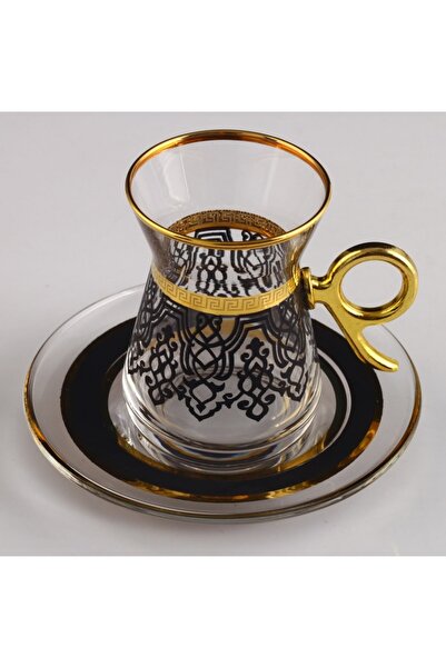 Paşabahçe İlayda Siyah-altın Dekor Kulplu Çay Seti 12 Parça 6 Kişilik
