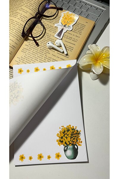 Handeto Kraft Yellow Floral Pattern A5 Notepad - Check Pluck Notebook, Glue Memo Pad, Unlined