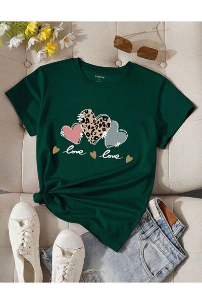 khufu Tricou oversize Nefti Green Love Leopard Heart imprimat cu croială relaxată