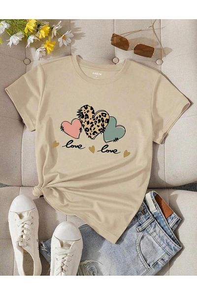 khufu Μπλουζάκι Oversize Beige Love Leopard Heart με στάμπα χαλαρής εφαρμογής