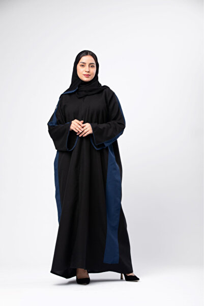 outline Black abaya with distinctive navy blue details