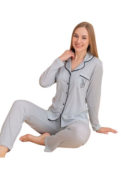 Tatty Underwear Stone Embroidered Striped Pajama Set