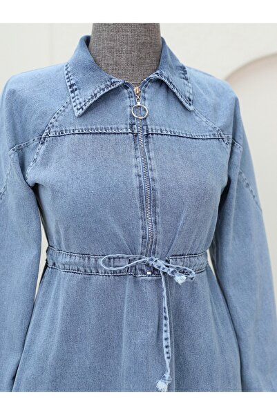 Modamorfo Ice Blue Half Zipper Tunnel Lace up Denim Dress
