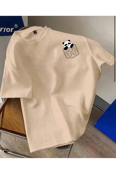 khufu Μπλουζάκι Unisex σε μπεζ Oversize Panda Pocket με στάμπα