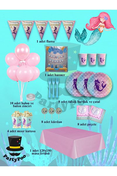 PartyPoo Mermaid Themed Mega Birthday Set For 8 People | Party Supplies And Decorations