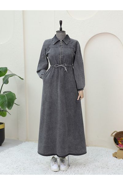 Modamorfo Half Zipper Tunnel Lace-Up Denim Dress -Smoked