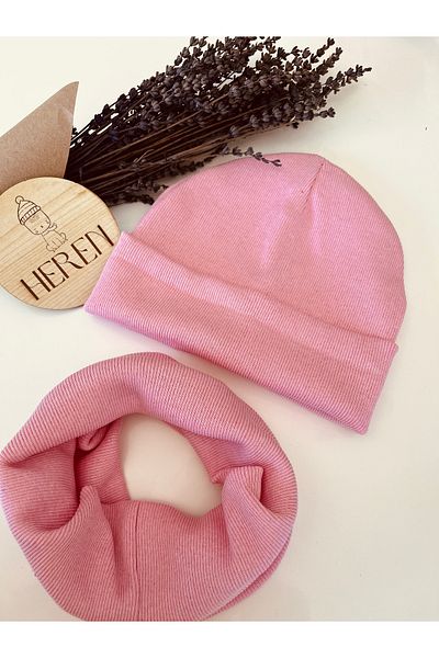 HEREN BUTİK Pink Folded Label Beret and Neck Collar Set