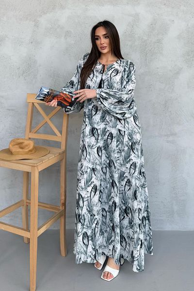AYASOFYA OTANTIK Women's Gray Leaf Patterned Balloon Sleeve Casual Long Dress