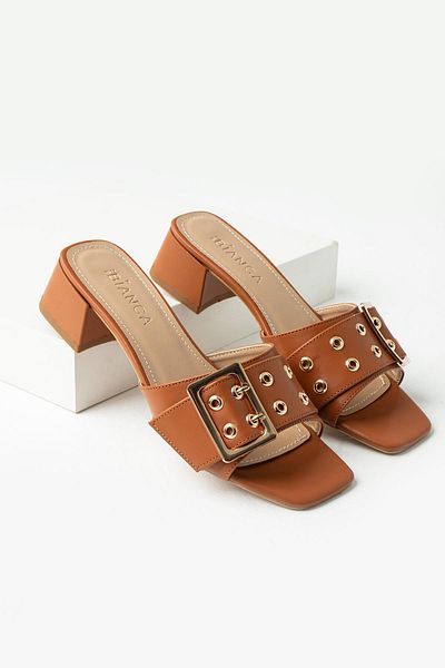 diclepolat Tan Women's Casual Slippers - Low Chunky Heel, Single Strap, Best 4cm