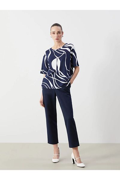 LC Waikiki Lcwaikiki Classic Navy Blue Crew Neck Patterned Women's T-Shirt