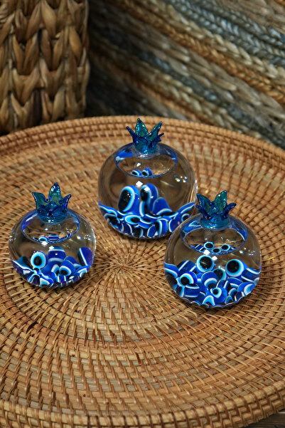 caMekan El Yapımı Cam Nar Nazar Boncuklu Cam Nar Seti (3’LÜ SET) Dekoratif Obje Biblo Hediye Objeler